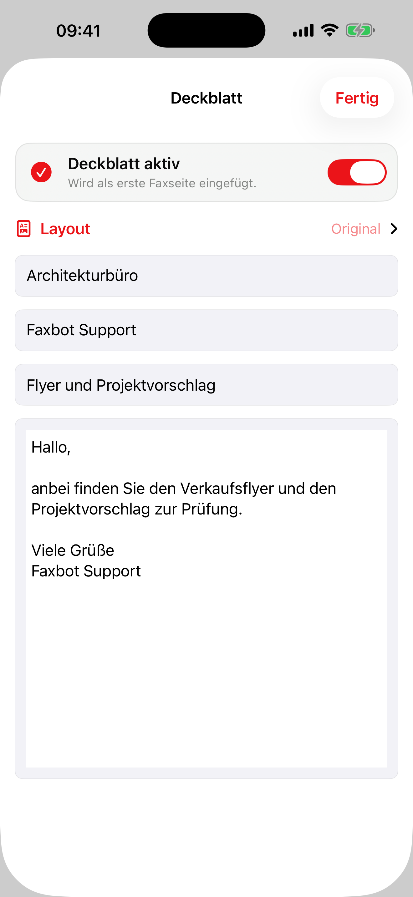 Faxbot für iOS: Deckblatt