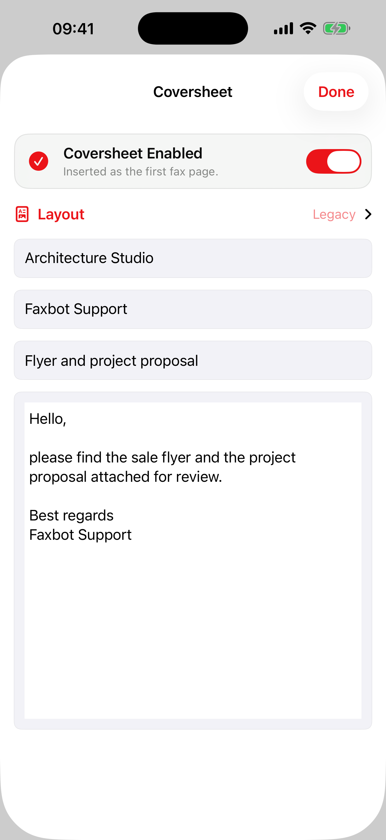 Faxbot for iOS: cover sheet