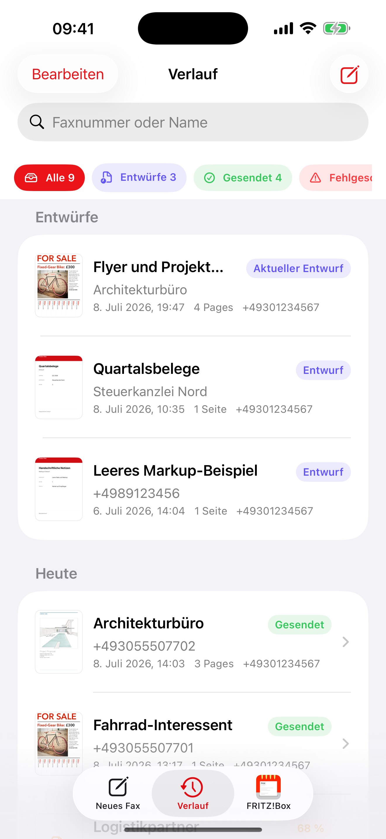 Faxbot für iOS: Entwürfe und Verlauf