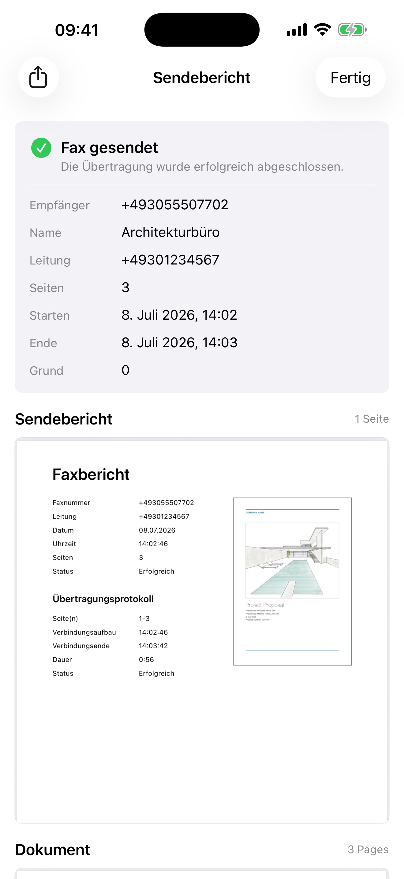 Faxbot für iOS: Sendebericht