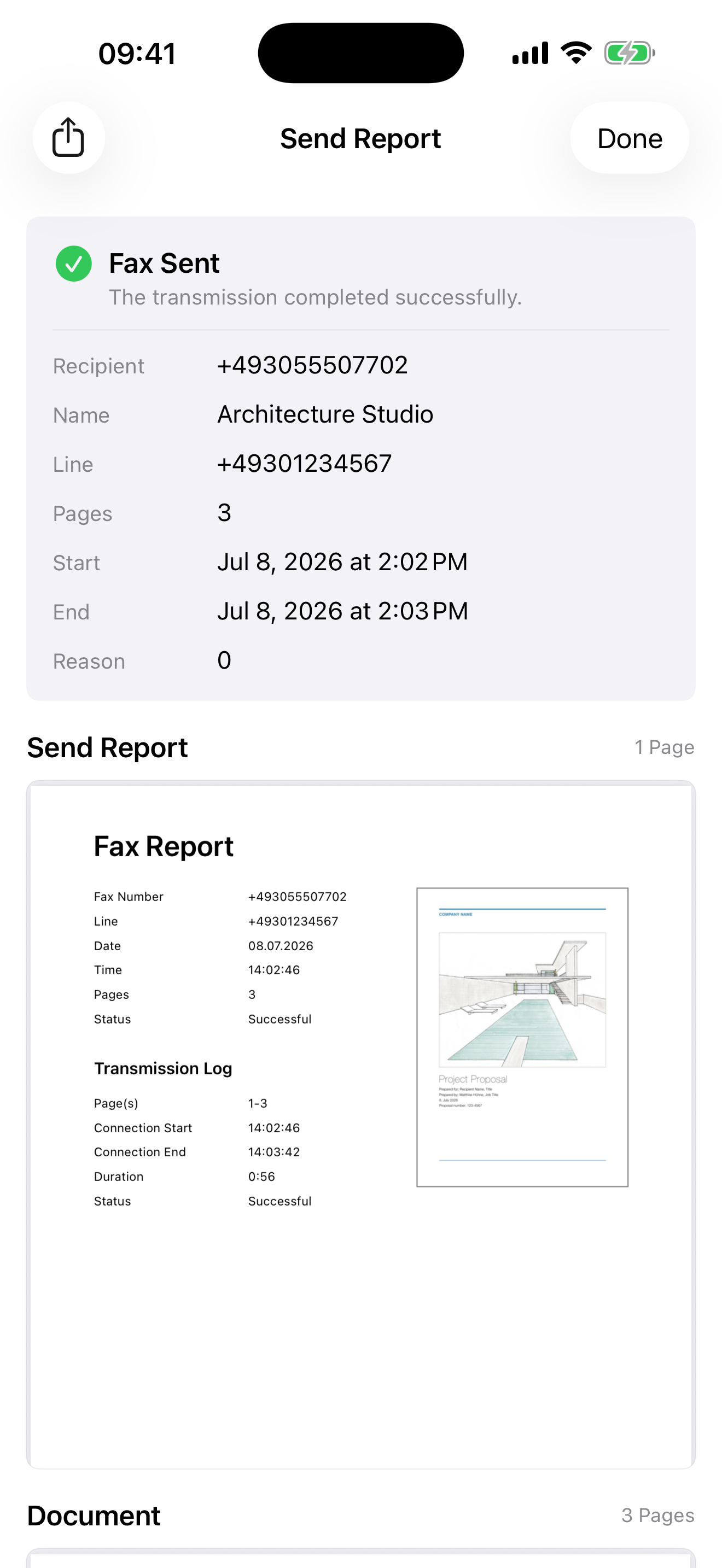 Faxbot for iOS: transmission report