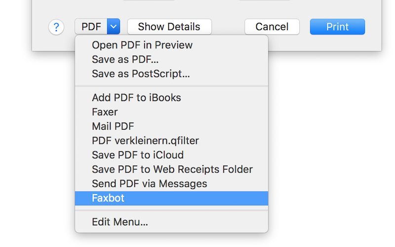 Faxbot in the macOS print dialog