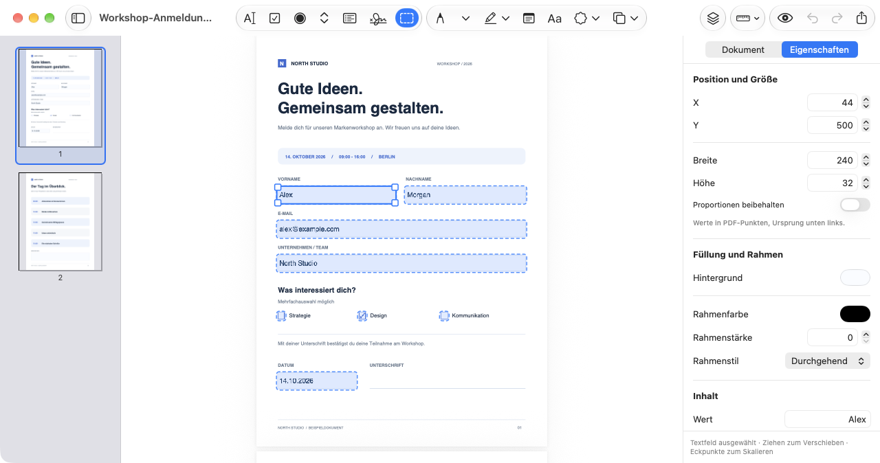PDF Eddini auf dem Mac mit hervorgehobenen Formularfeldern und dem Eigenschaften-Inspektor