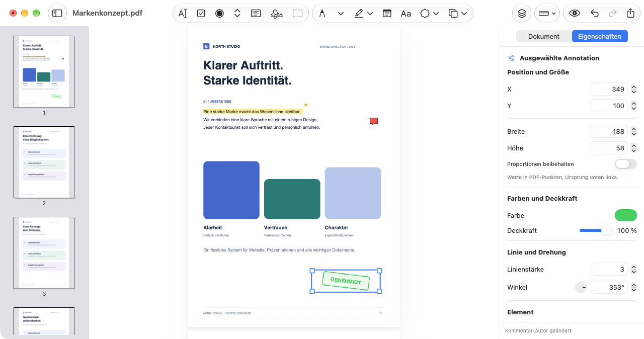 PDF mit Textmarkierung, Kommentar und gedrehtem Genehmigt-Stempel