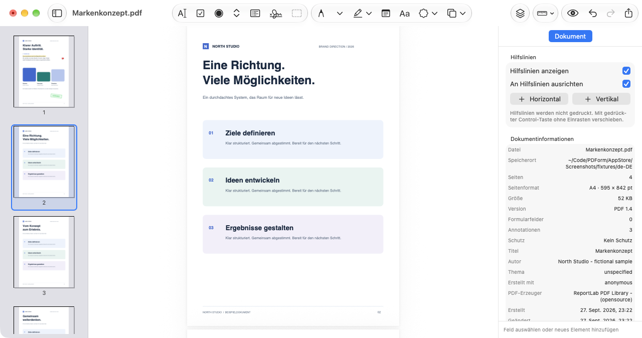 Mehrseitiges PDF mit ausgewählter zweiter Seite in der Miniaturansicht