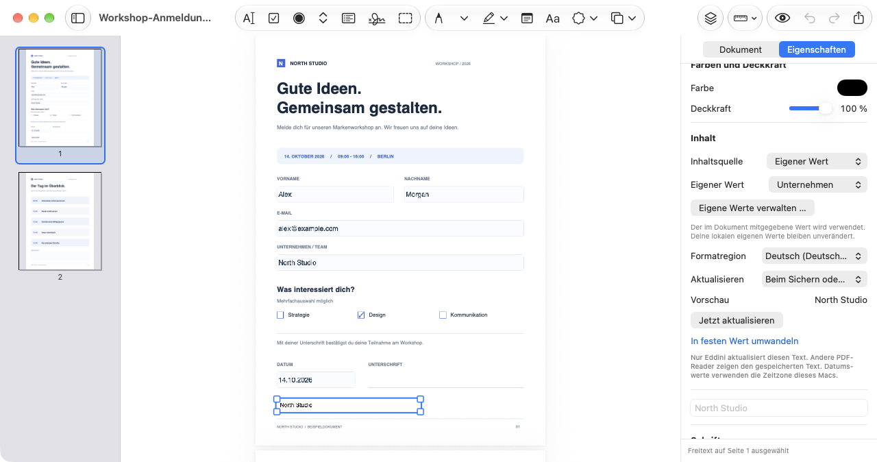 Ein normales PDF-Textelement mit dem eigenen Wert Unternehmen, Inhaltsquelle, Formatregion und Aktualisierungseinstellungen im Inspektor von PDF Eddini
