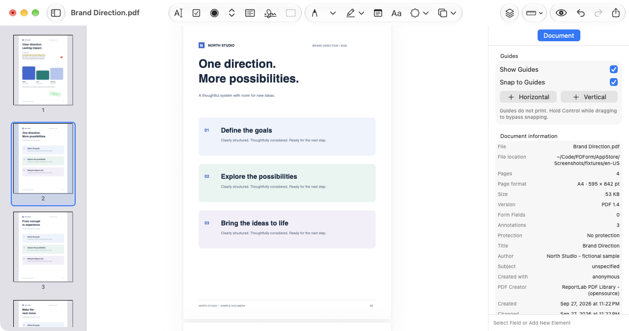 A multi-page PDF with its second page selected in the thumbnail sidebar