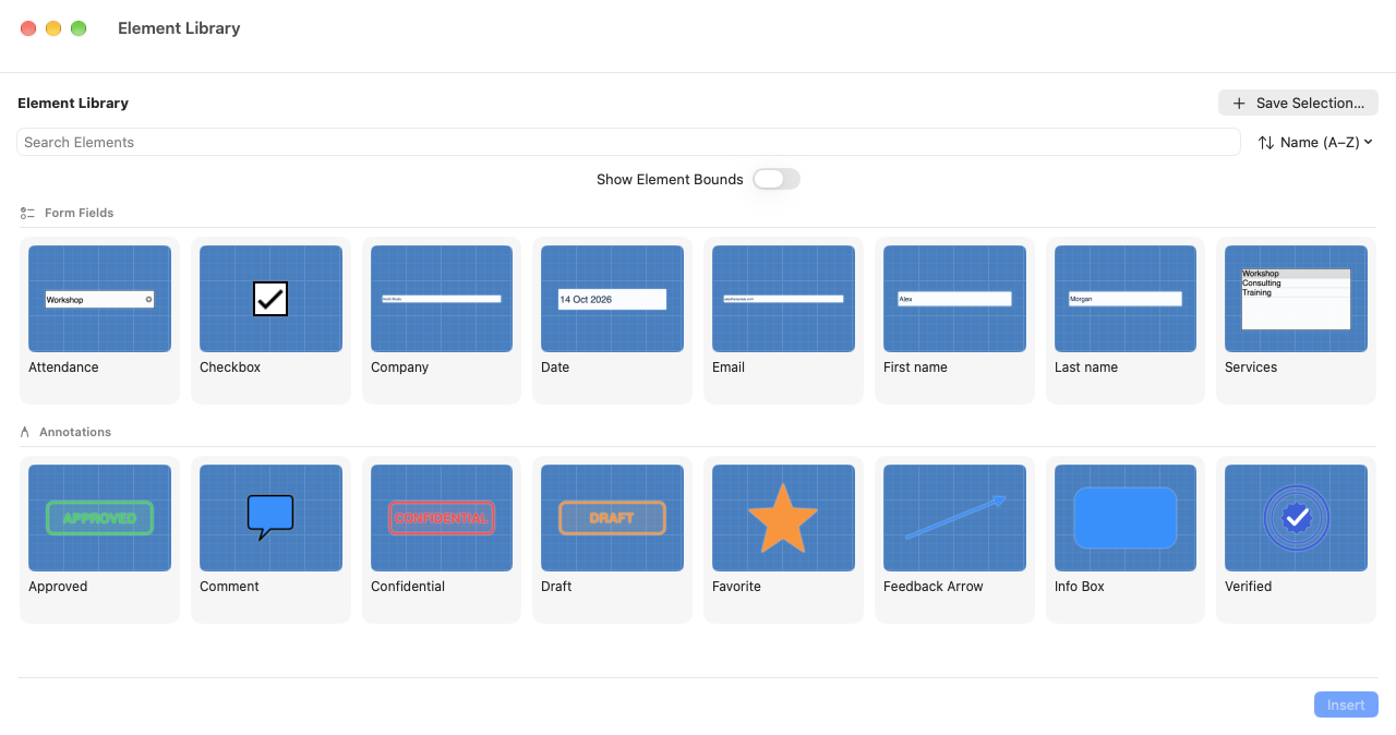 Element Library with saved form fields, stamps, shapes and blueprint previews