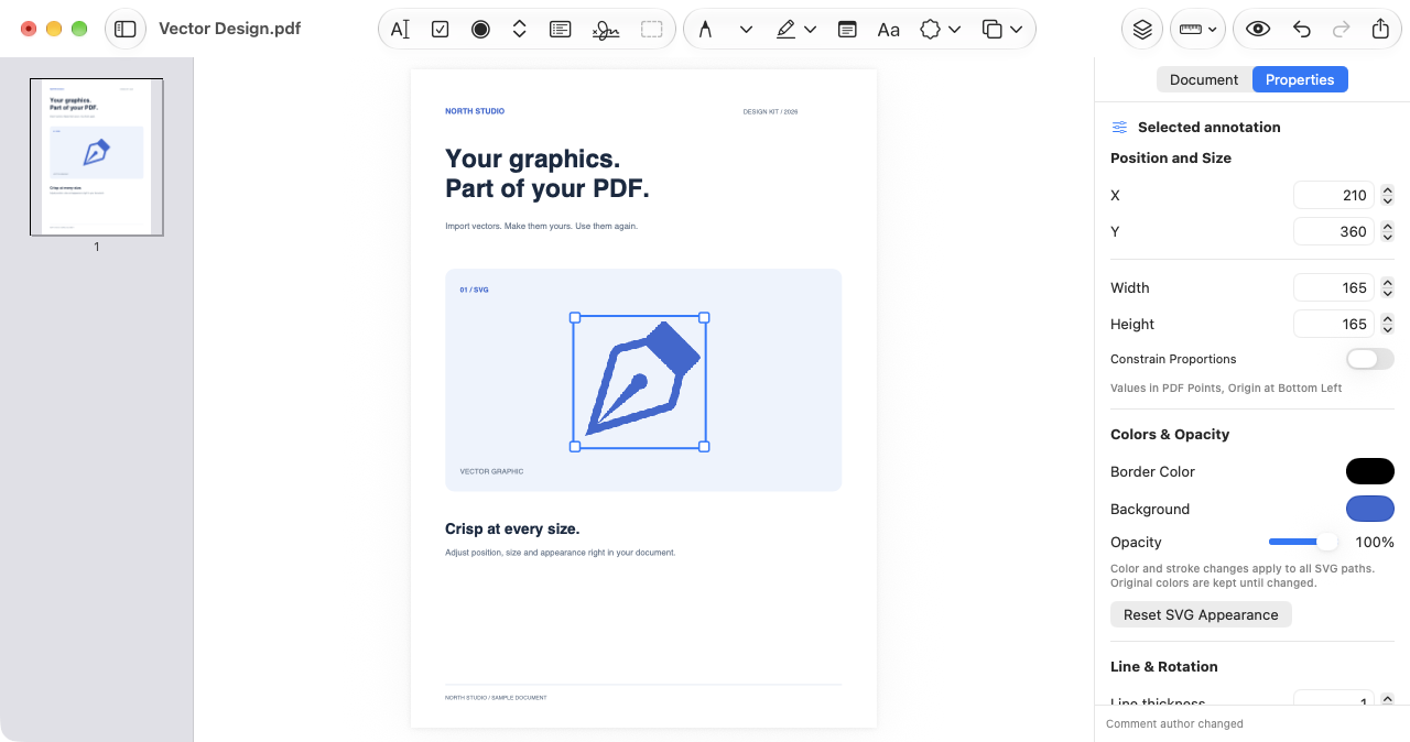 Imported blue SVG vector pen selected on a PDF page, with SVG appearance controls in the inspector