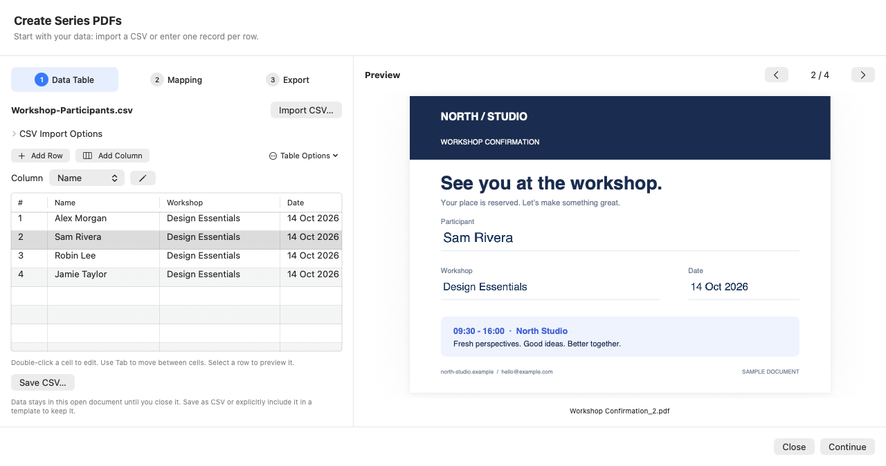 Series PDF assistant with four fictional workshop participants in a data table and Sam Rivera’s personalized workshop confirmation in the PDF preview